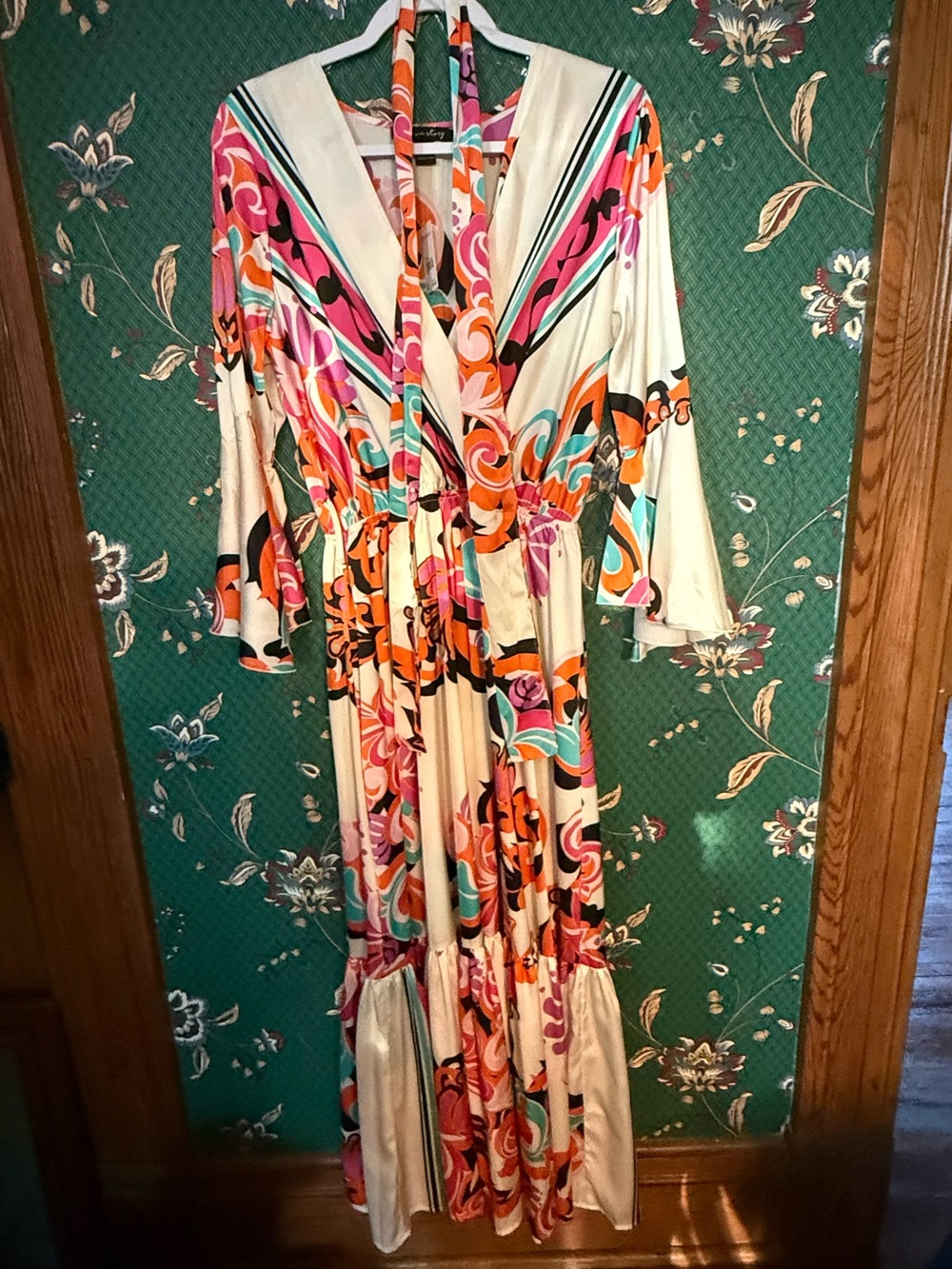 Versona Cream Maxi Dress with Pink, Orange & Turquoise Swirl Print